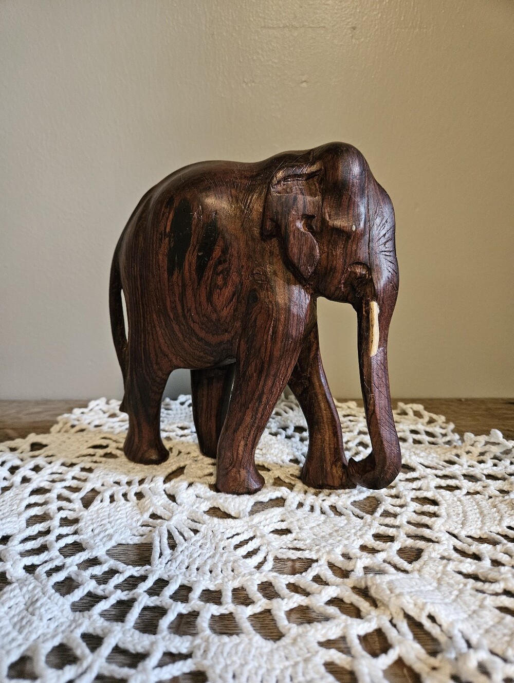 Wooden Boho Eclectic Carved Elephant Animal Sculpture